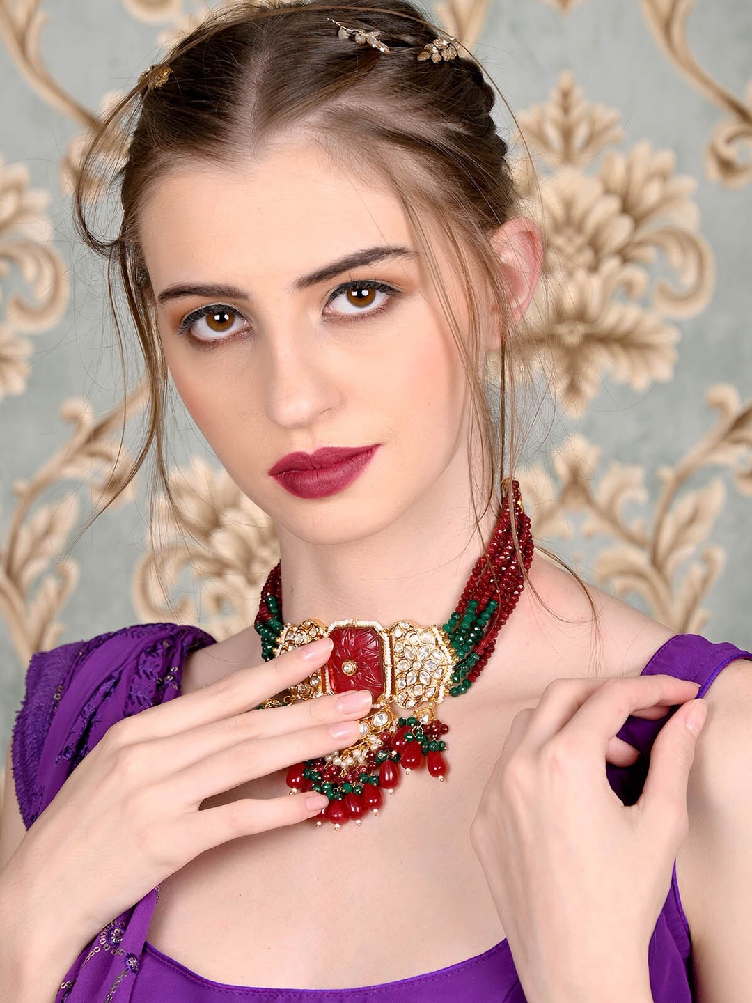

ODETTE Gold-Plated Stone-Studded & Beaded Double-Sided Choker Jewellery Set