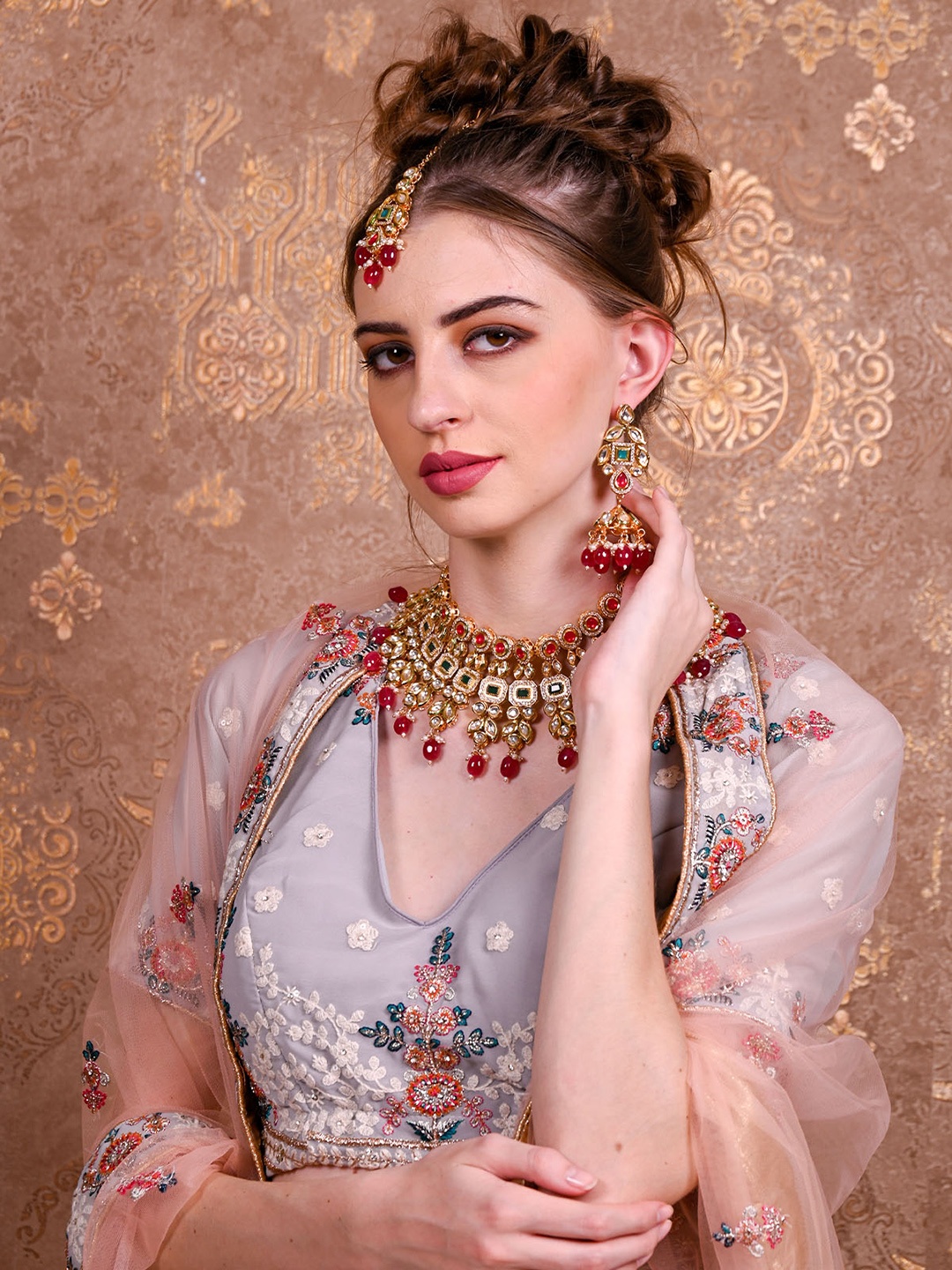 

ODETTE Gold-Plated Choker Necklace Set, Red