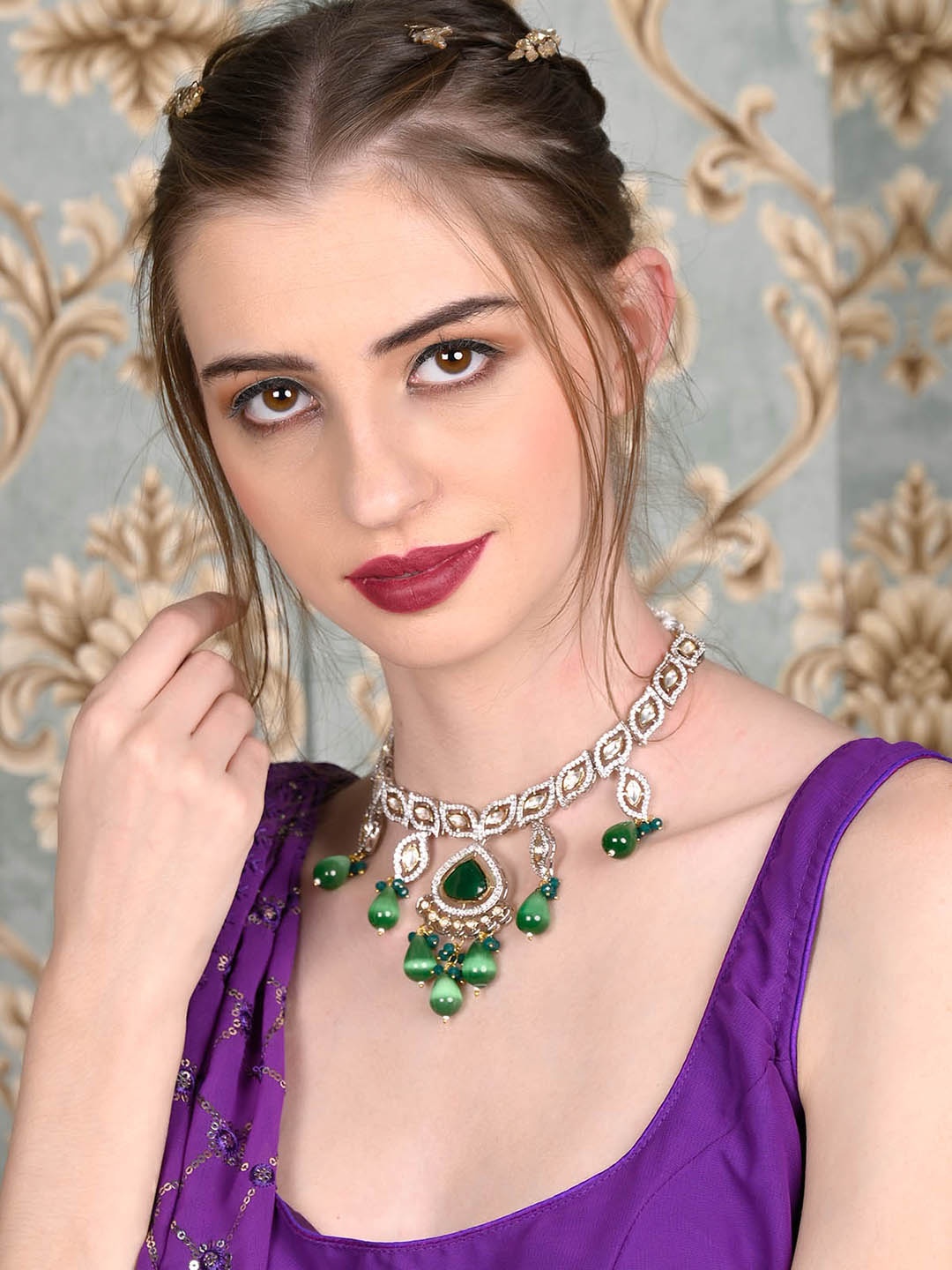 

ODETTE Silver-Plated Choker Necklace Set, Green