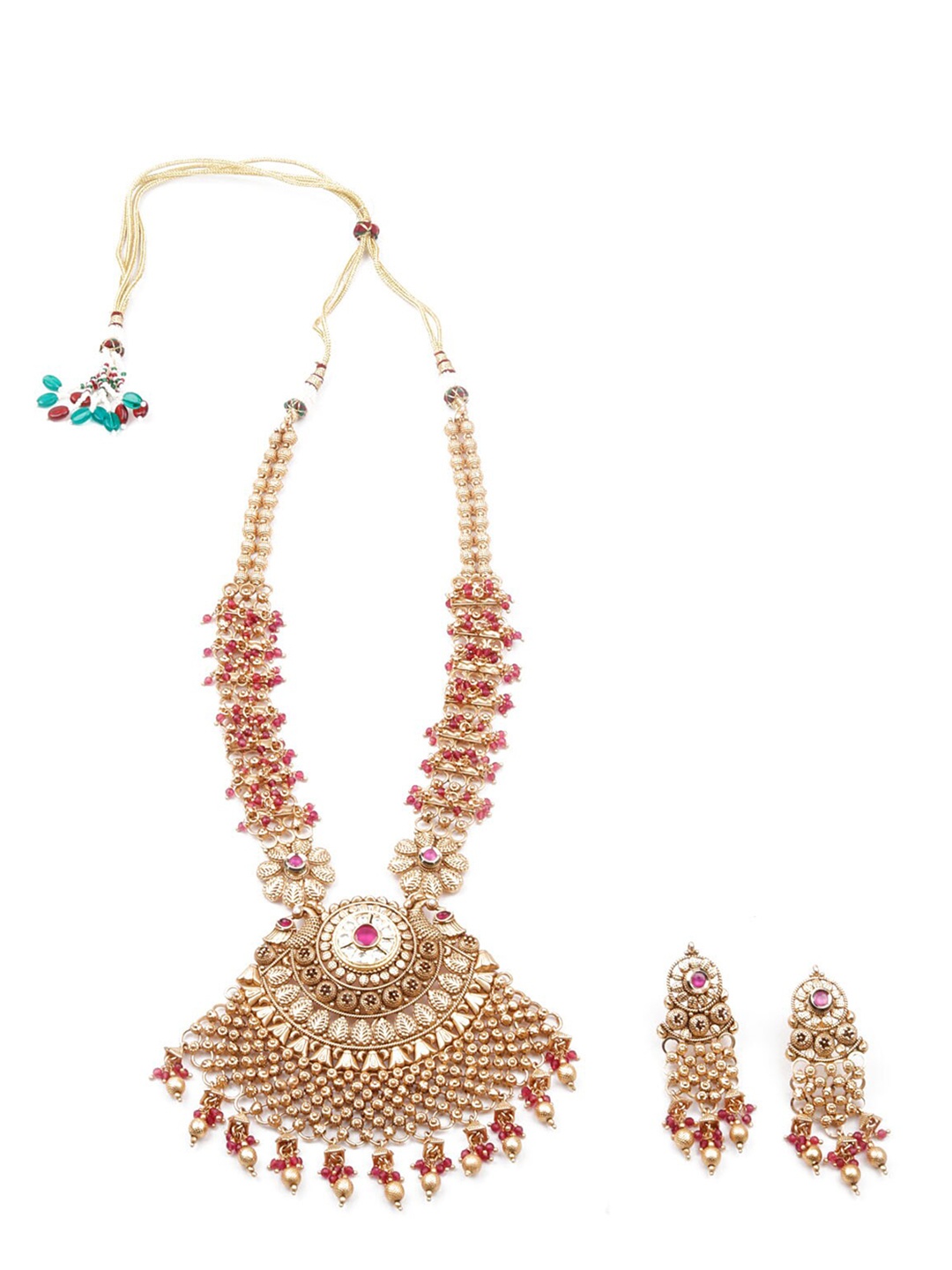 

ODETTE Gold-Plated Stone Studded & Beaded Alloy Temple Long Necklace Jewellery Set