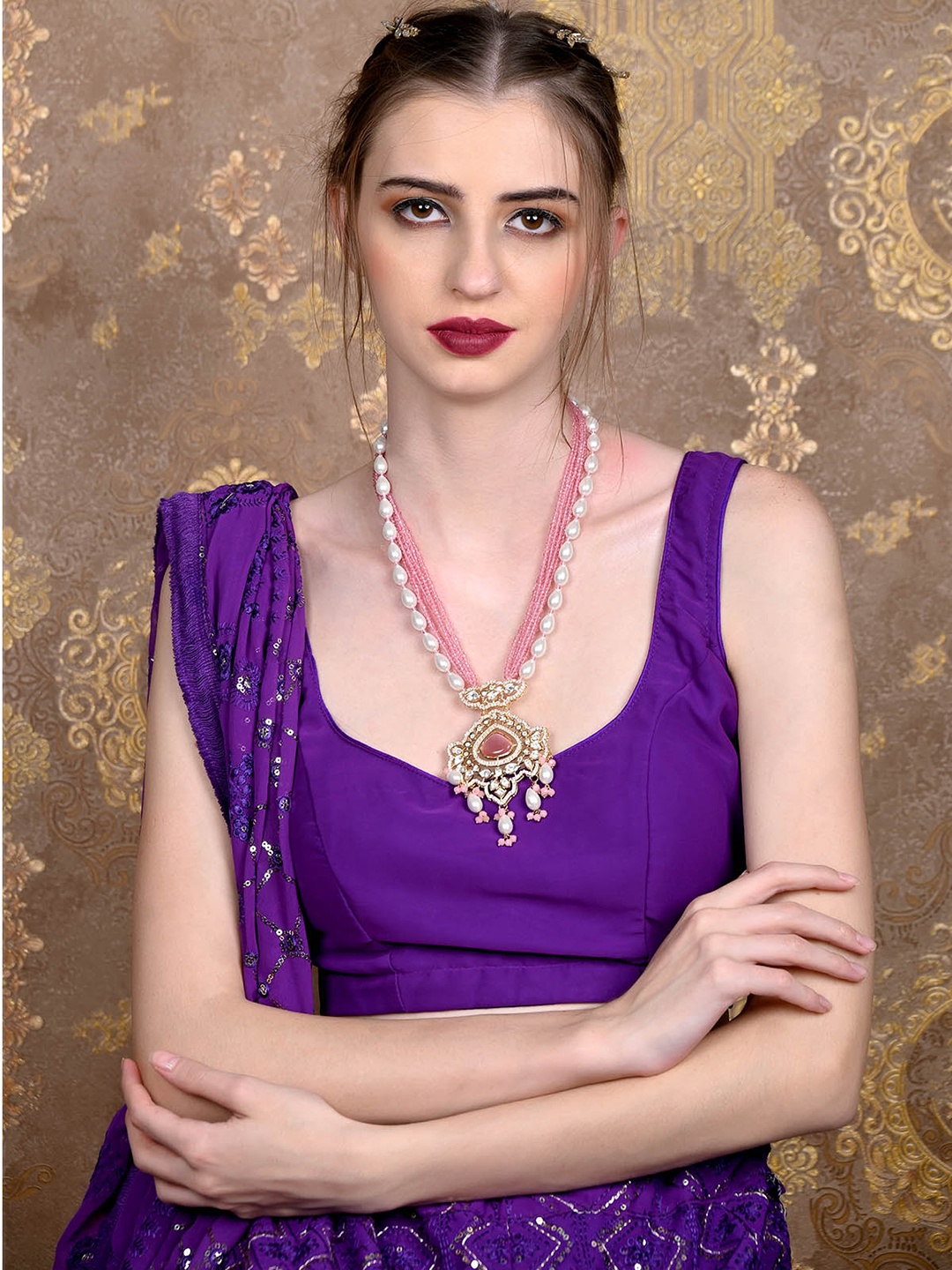 

ODETTE Silver-Plated Artificial Stones & Beads Studded Jewellery Set, Gold