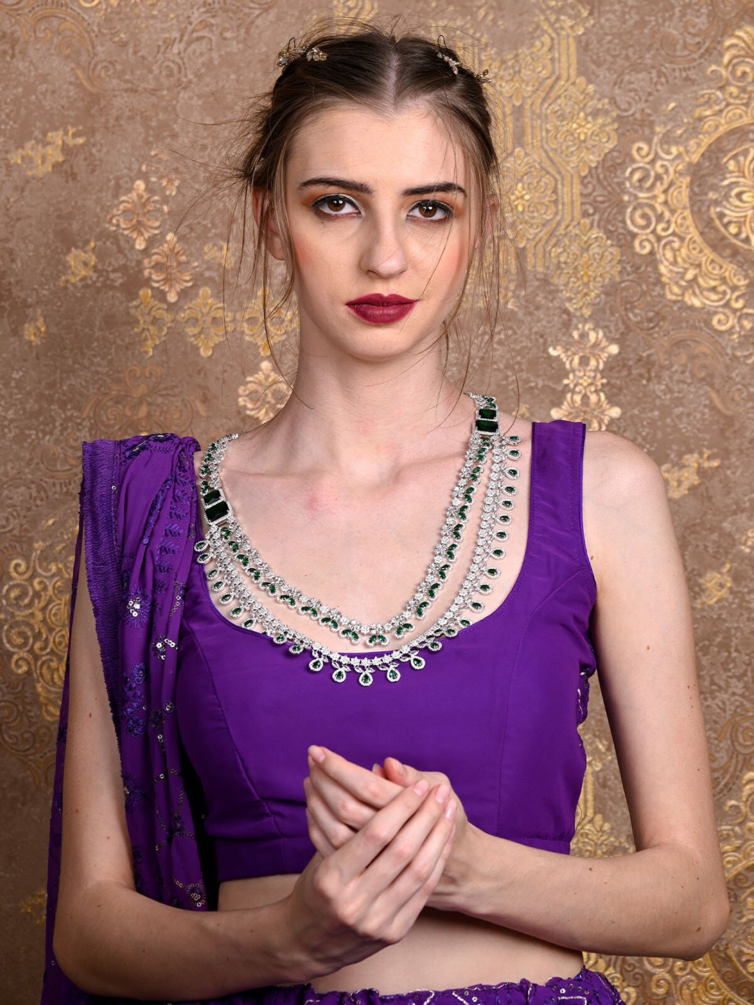 

ODETTE Rhodium-Plated Stone Studded Alloy Victorian choker Necklace Jewellery Set, Silver