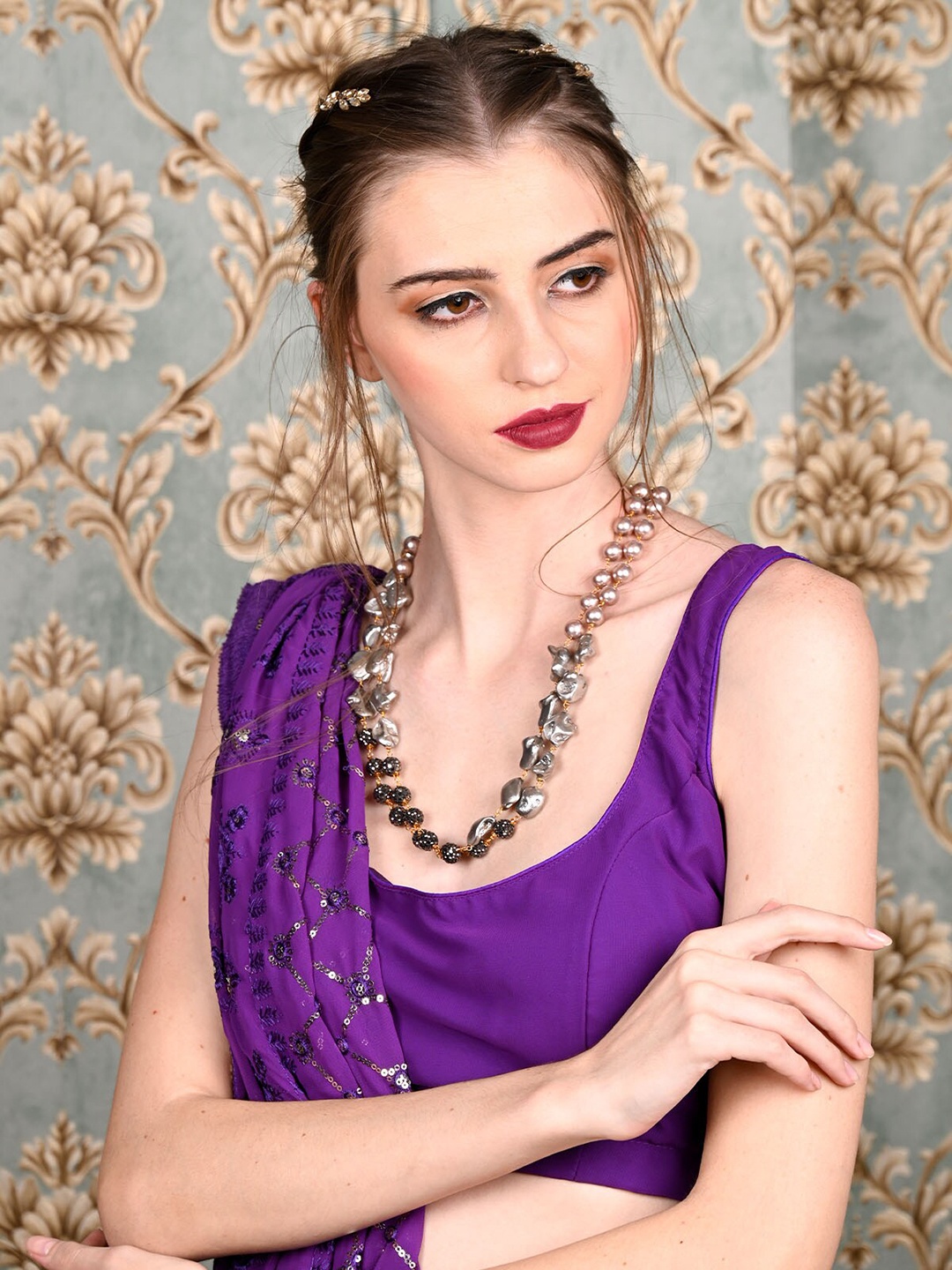 

ODETTE Stone Beaded Alloy Long Layered Necklace Jewellery Set, Rose gold