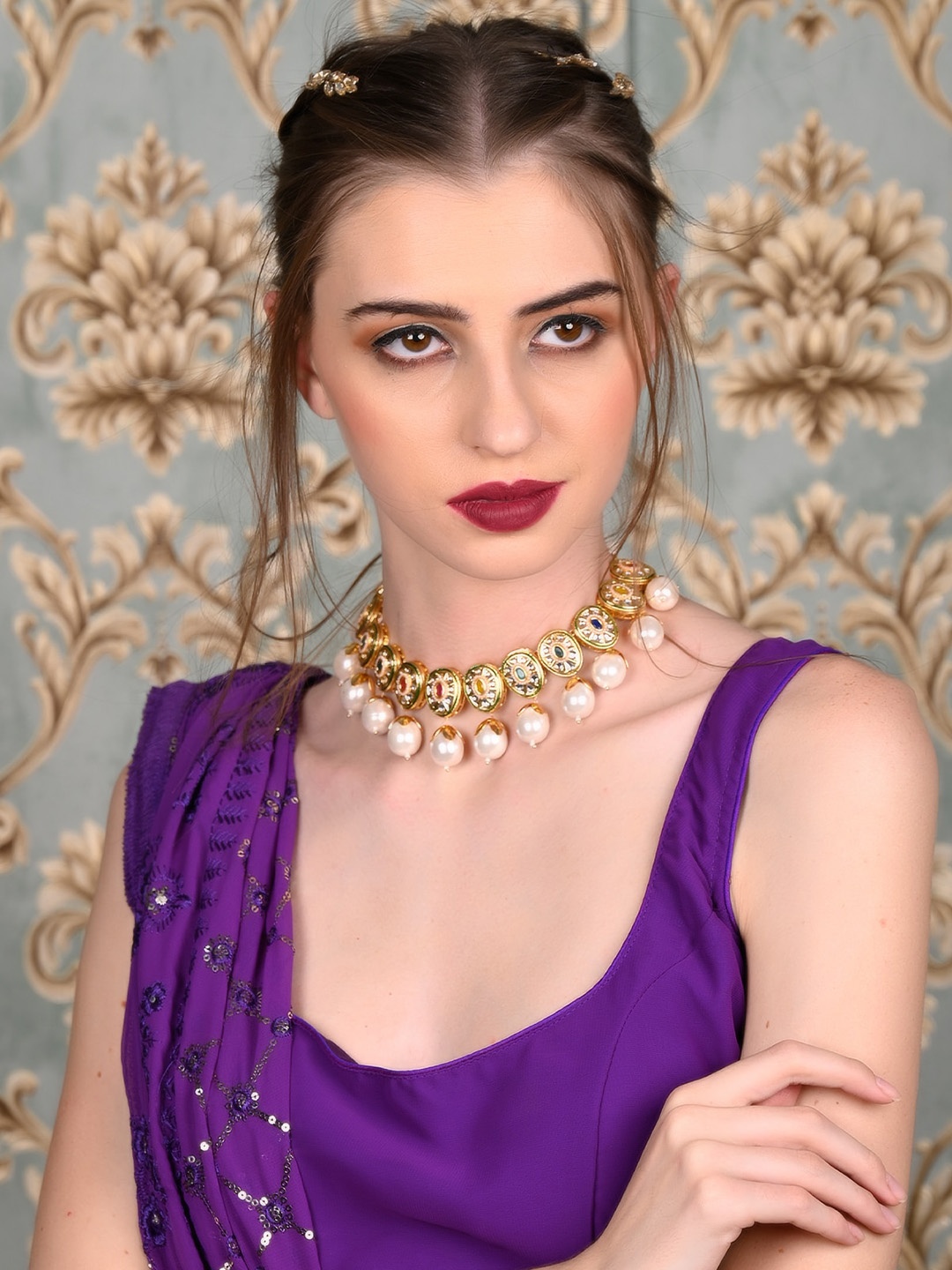 

ODETTE Gold-Plated Faux Stone Studded & Pearls Beaded Alloy Choker Necklace Jewellery Set, White