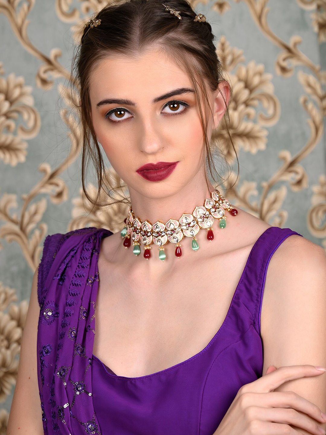 

ODETTE Gold-Plated Stones Studded & Beaded Meenakari Jewellery Set
