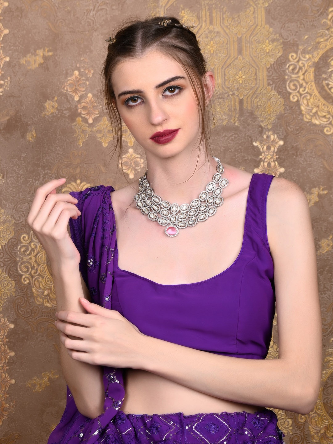 

ODETTE Silver-Plated Stones Studded Jewellery Set