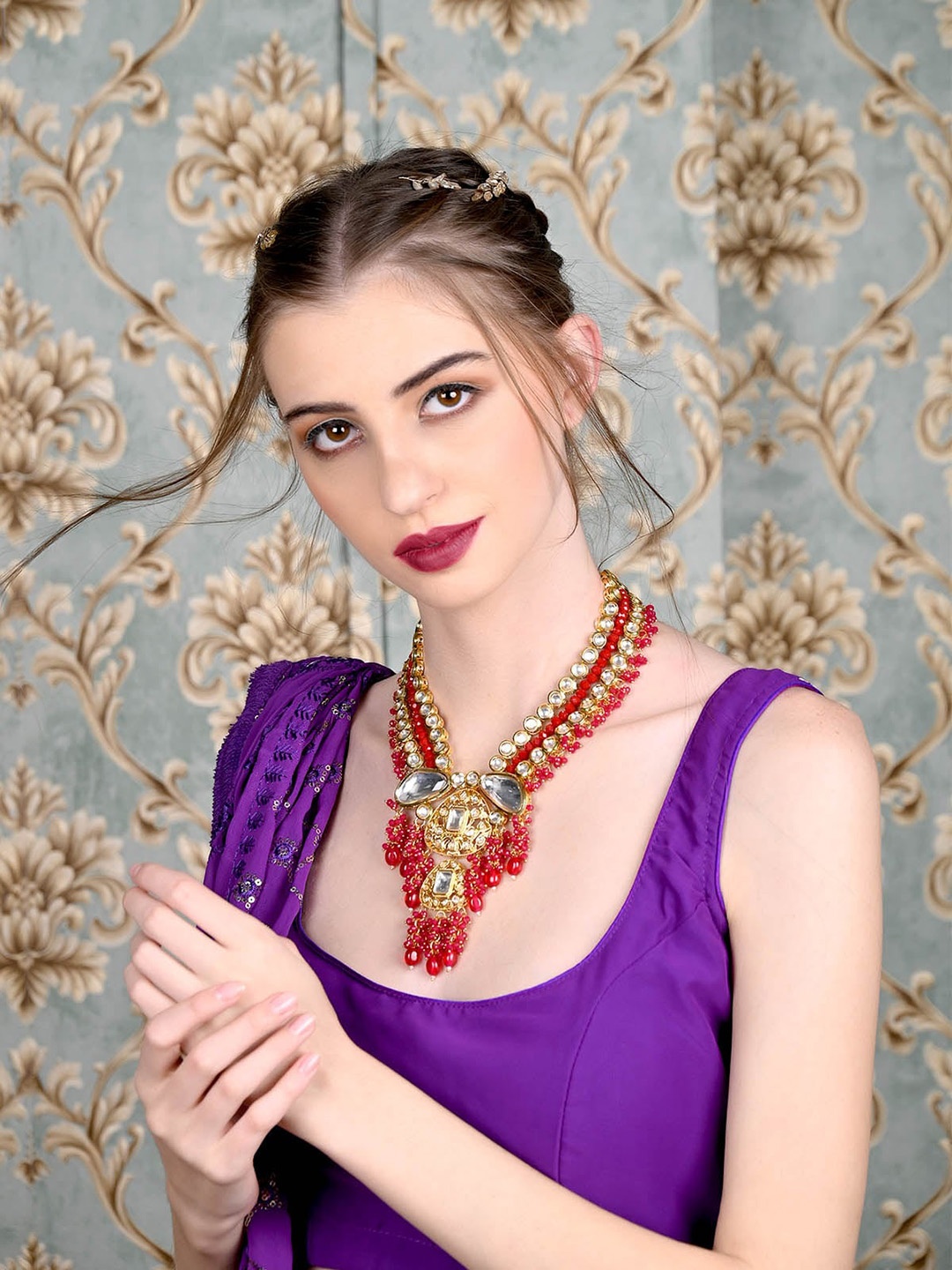

ODETTE Gold-Plated Stones and Beads Studded Necklace Set, Red