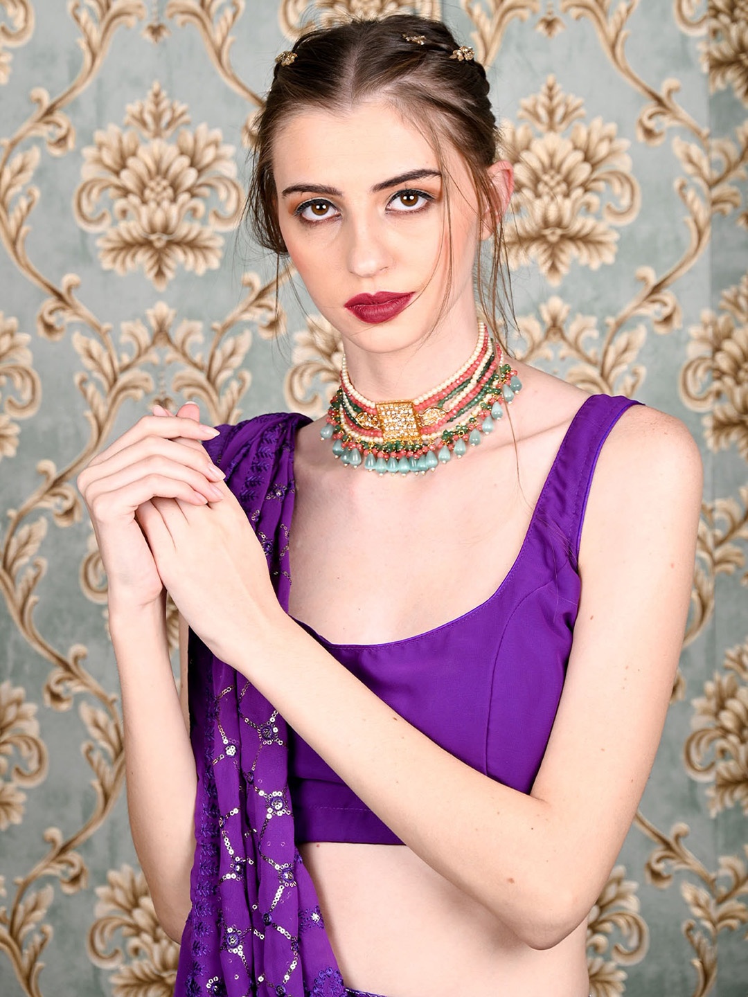 

ODETTE Gold-Plated Stones and Beads Studded Choker Set, Multi