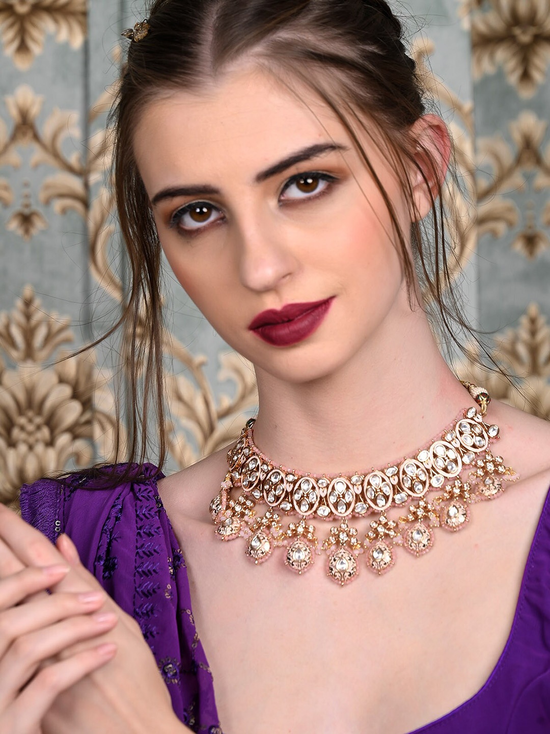 

ODETTE Gold Plated Beads Studded Choker Necklace & Earrings With Maang Tika
