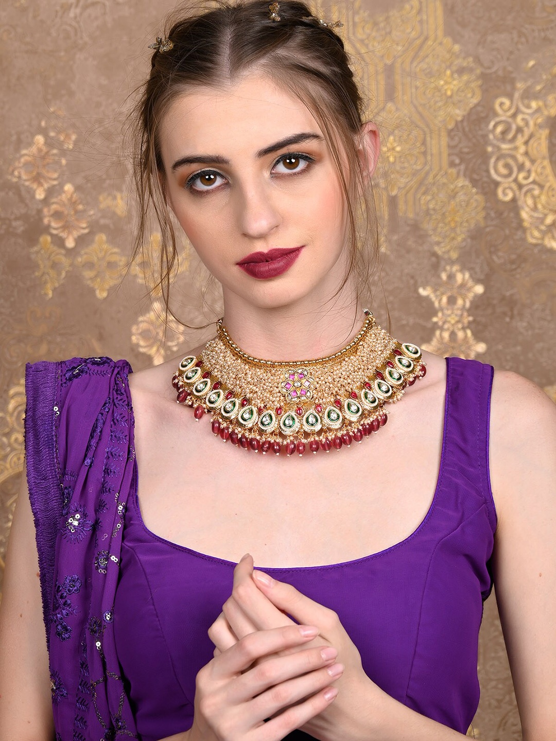 

ODETTE Gold Plated Beads Studded Choker Necklace & Earrings With Maang Tika