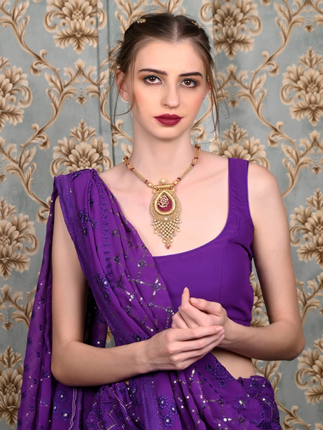 

ODETTE Gold Plated Temple Long Necklace With Earrings