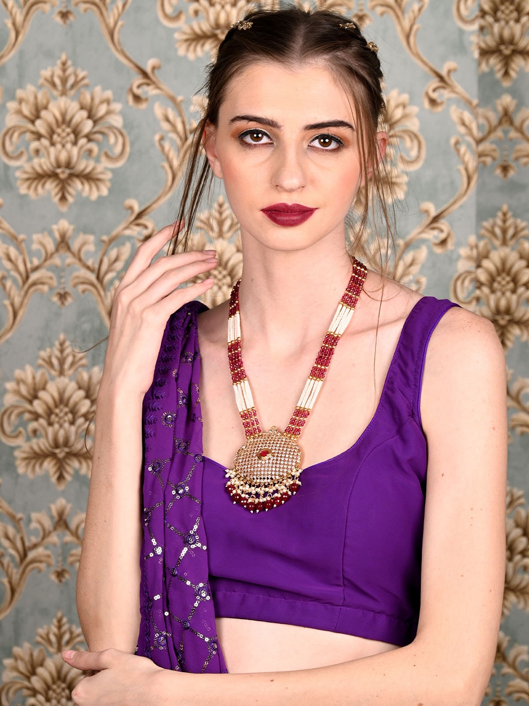 

ODETTE Gold Plated Stone Studded & Beaded Long Jewellery Set