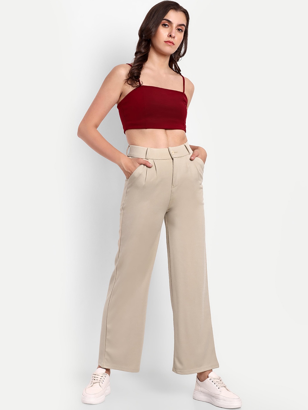 

BROADSTAR Women Smart High-Rise Easy Wash Loose Fit Parallel Trousers, Cream