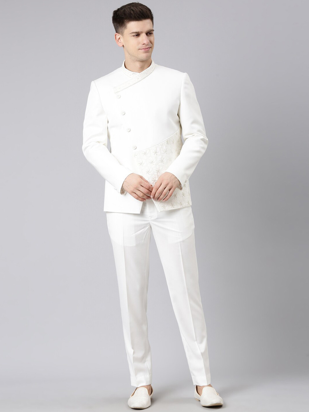 

TheEthnic.Co Self Design Bandhagala Blazer & Trousers, Off white