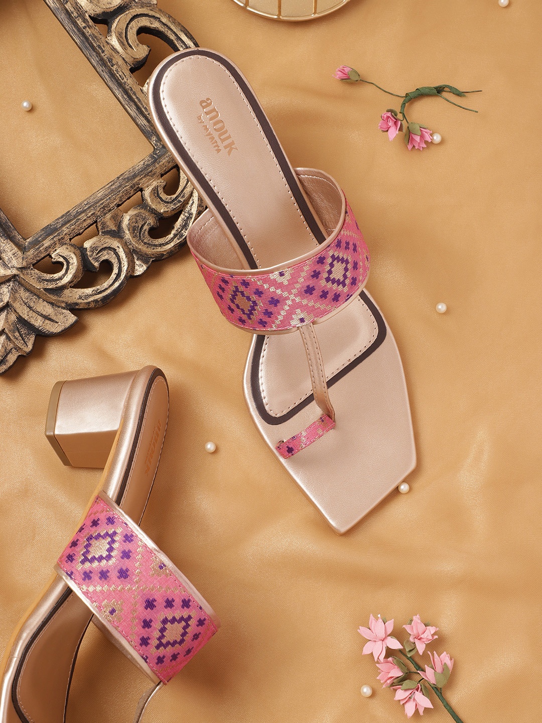 

Anouk Women Ethnic Motifs Woven Design One-Toe Block Heels, Pink