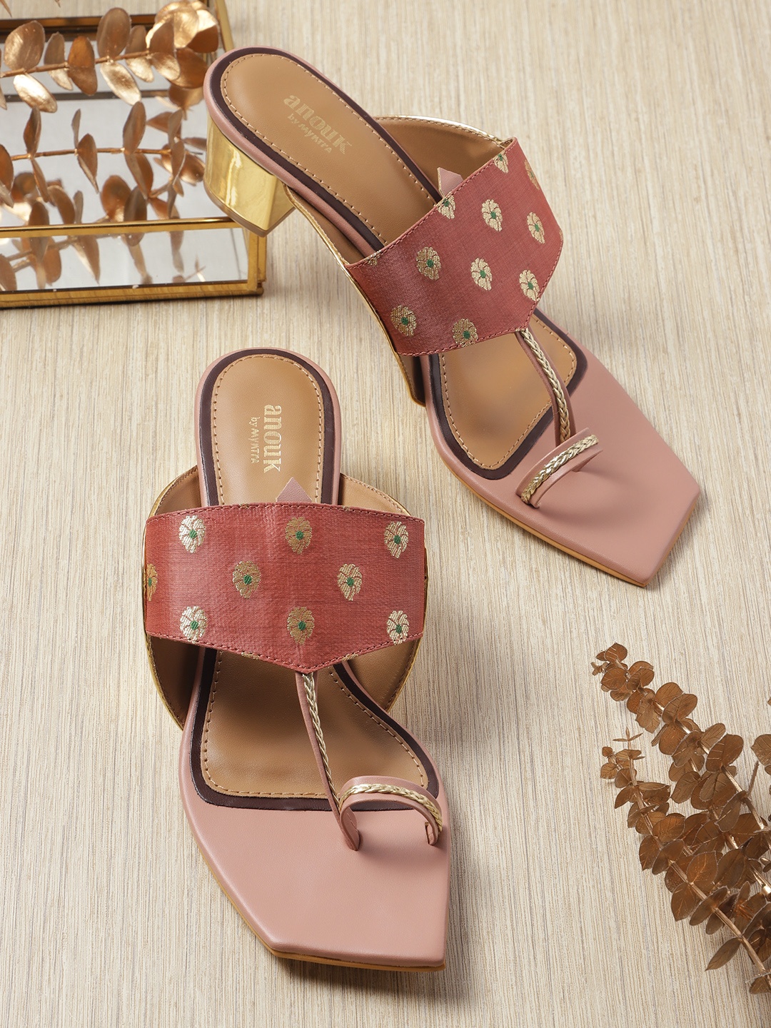 

Anouk Women Ethnic Motifs Woven Design One-Toe Block Heels, Rose