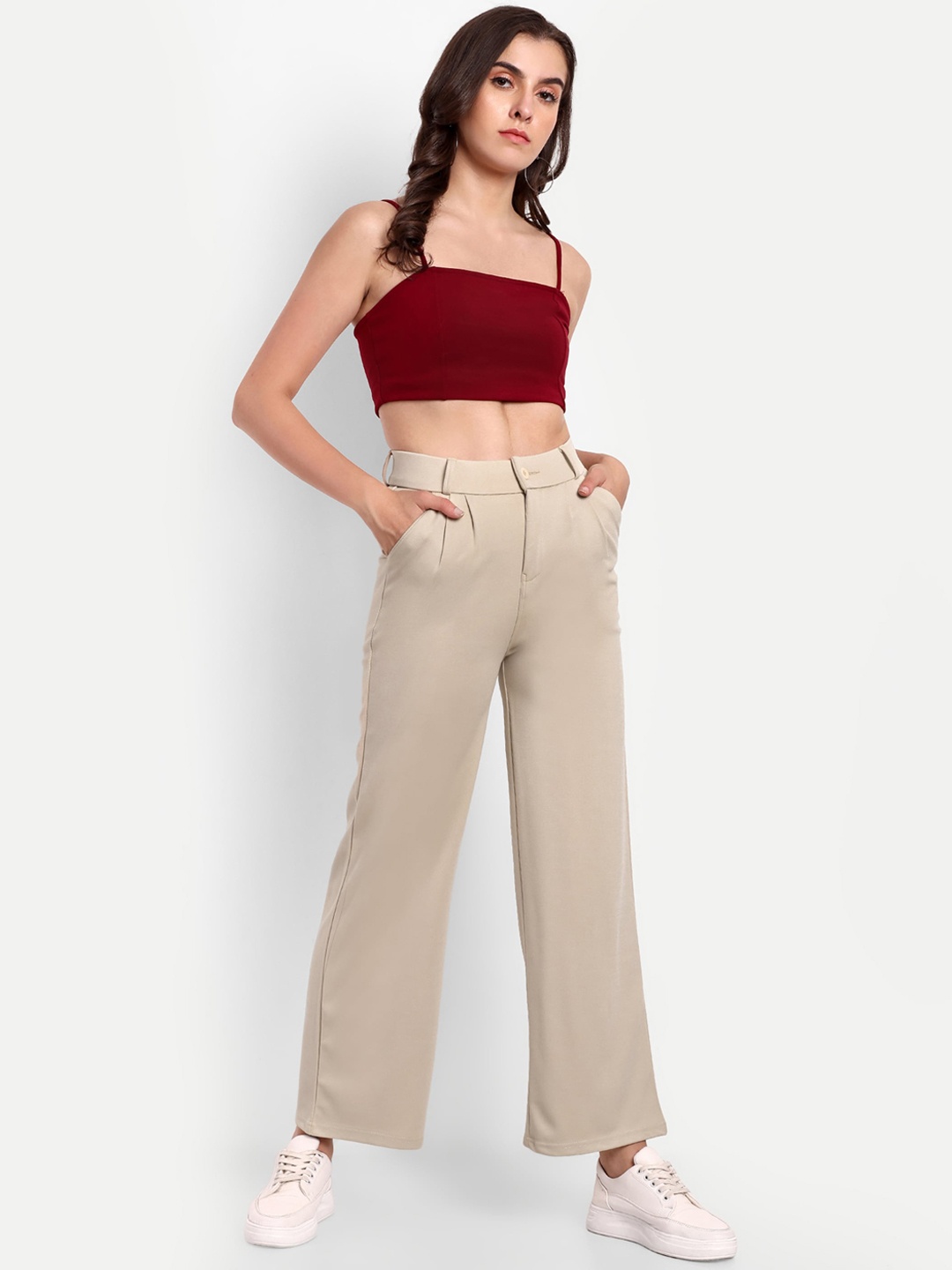 

Next One Women Smart Loose Fit High-Rise Easy Wash Parallel Trousers, Cream