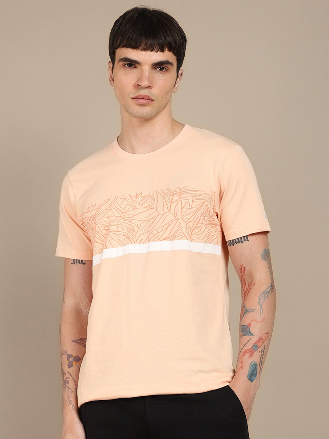 

Dennis Lingo Floral Printed Slim Fit T-shirt, Peach