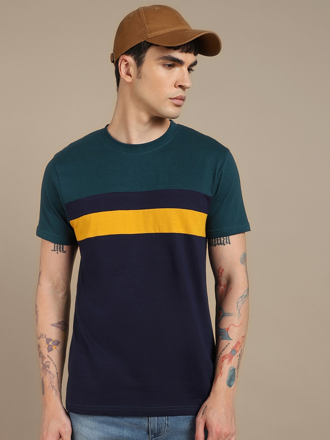 

Dennis Lingo Colourblocked Polo Collar Slim Fit Pure Cotton T-shirt, Teal