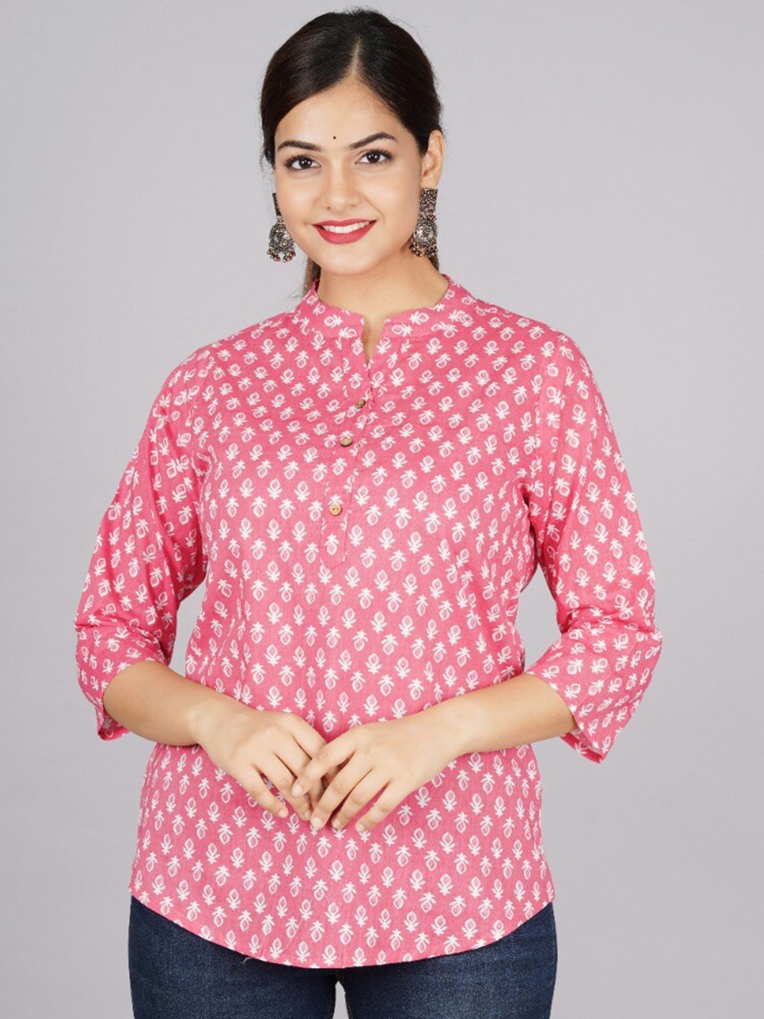 

Subh LAXMI Floral Printed Mandarin Collar A-Line Top, Pink