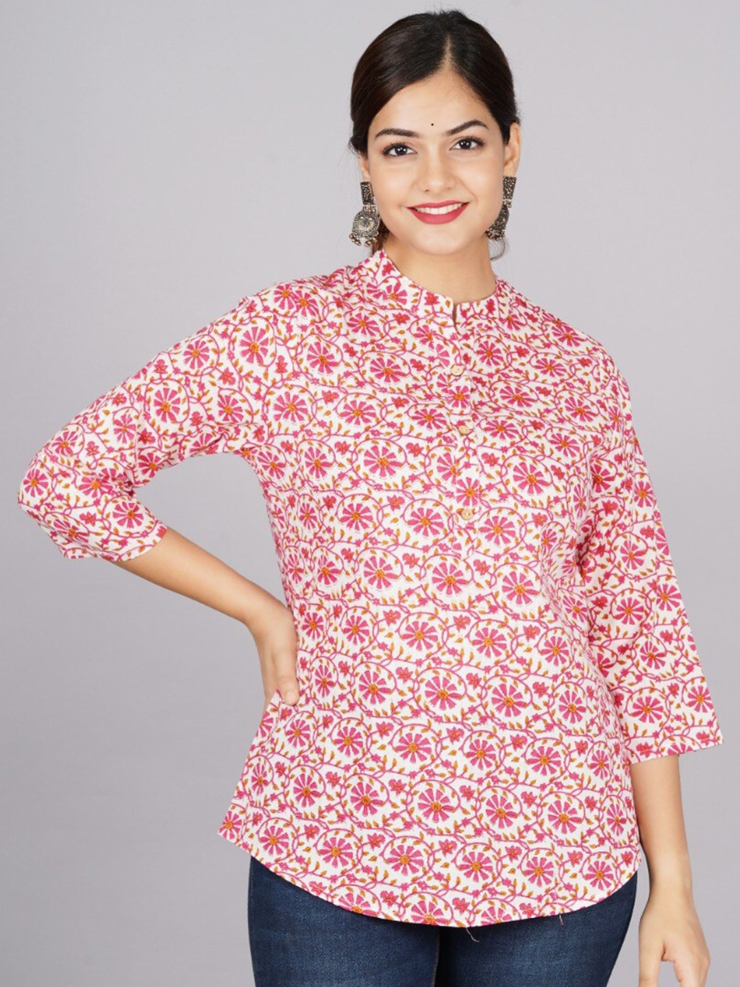 

Subh LAXMI Floral Printed Mandarin Collar Shirt Style Top, Pink