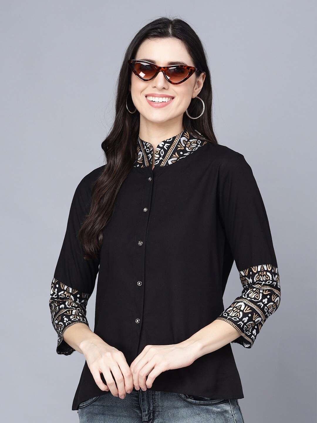 

Subh LAXMI Floral Printed High Neck Shirt Style Top, Black