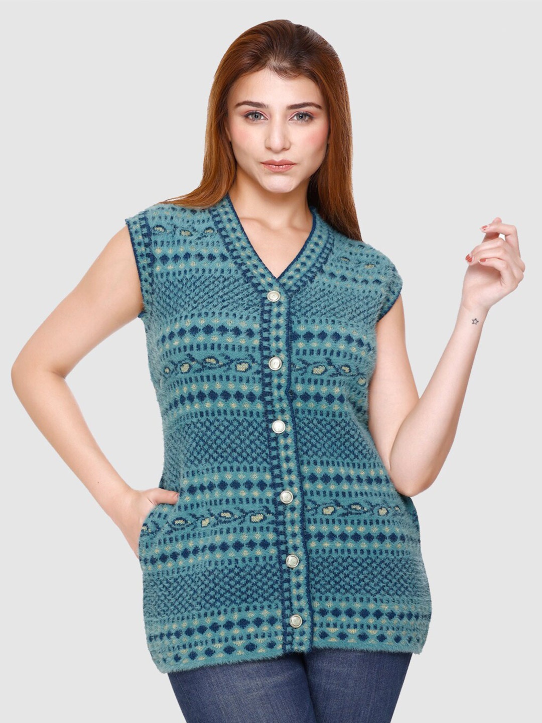 

aarbee Geometric Printed Acrylic Cardigan Sweater, Green