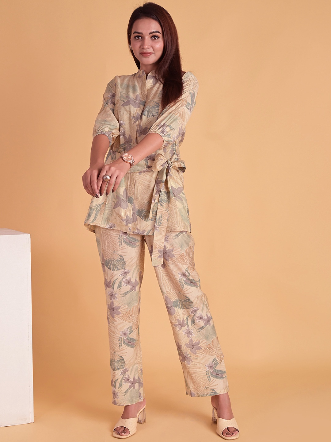 

Do Dhaage Printed Pure Cotton Top With Trouser Co-Ords Set, Beige