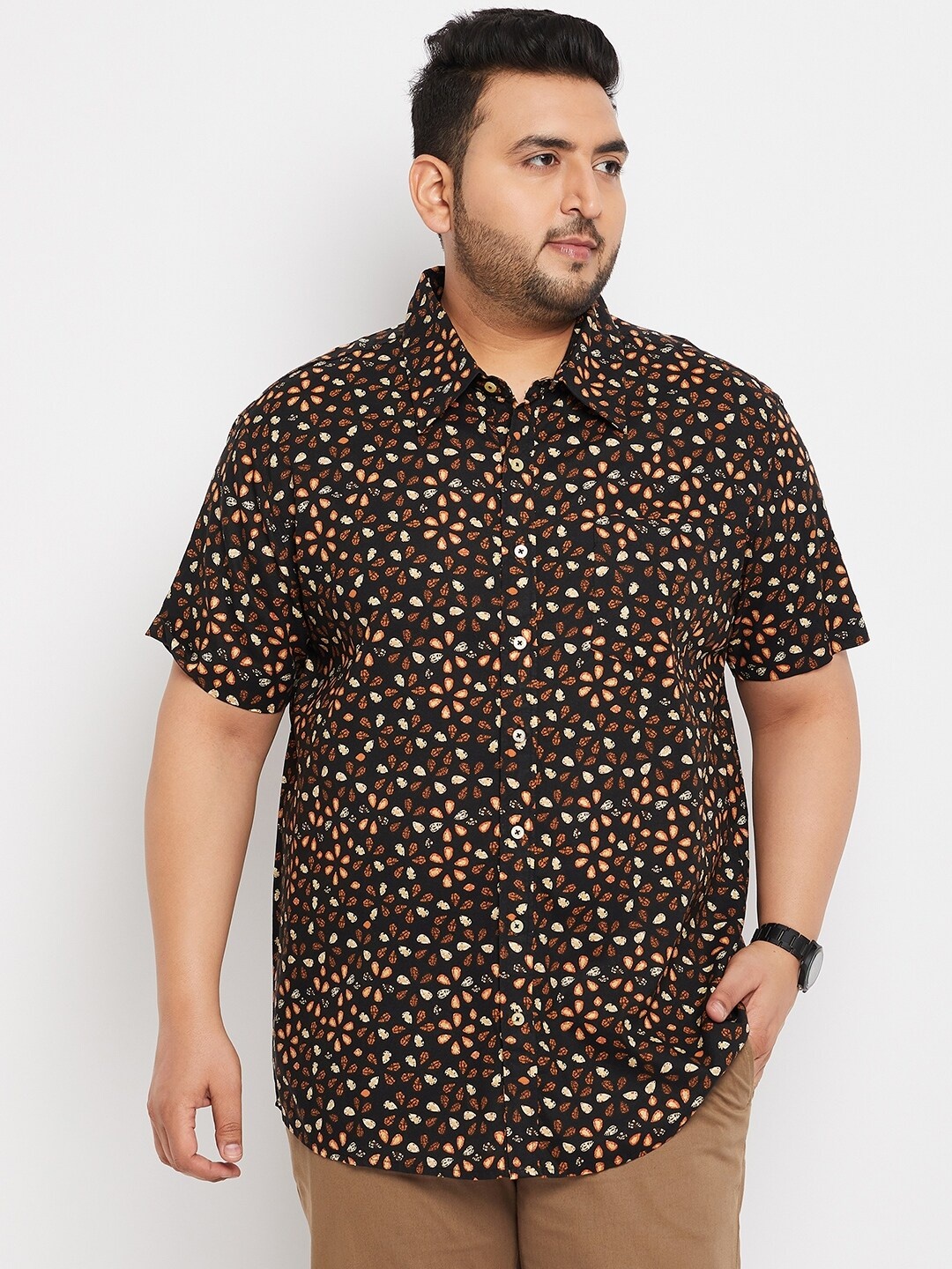 

bigbanana Plus Size Floral Printed Pure Cotton Casual Shirt, Black