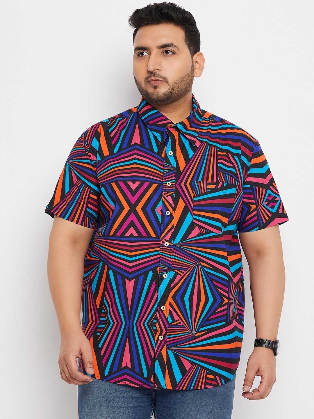 

bigbanana Plus Size Abstract Printed Pure Cotton Casual Shirt, Blue
