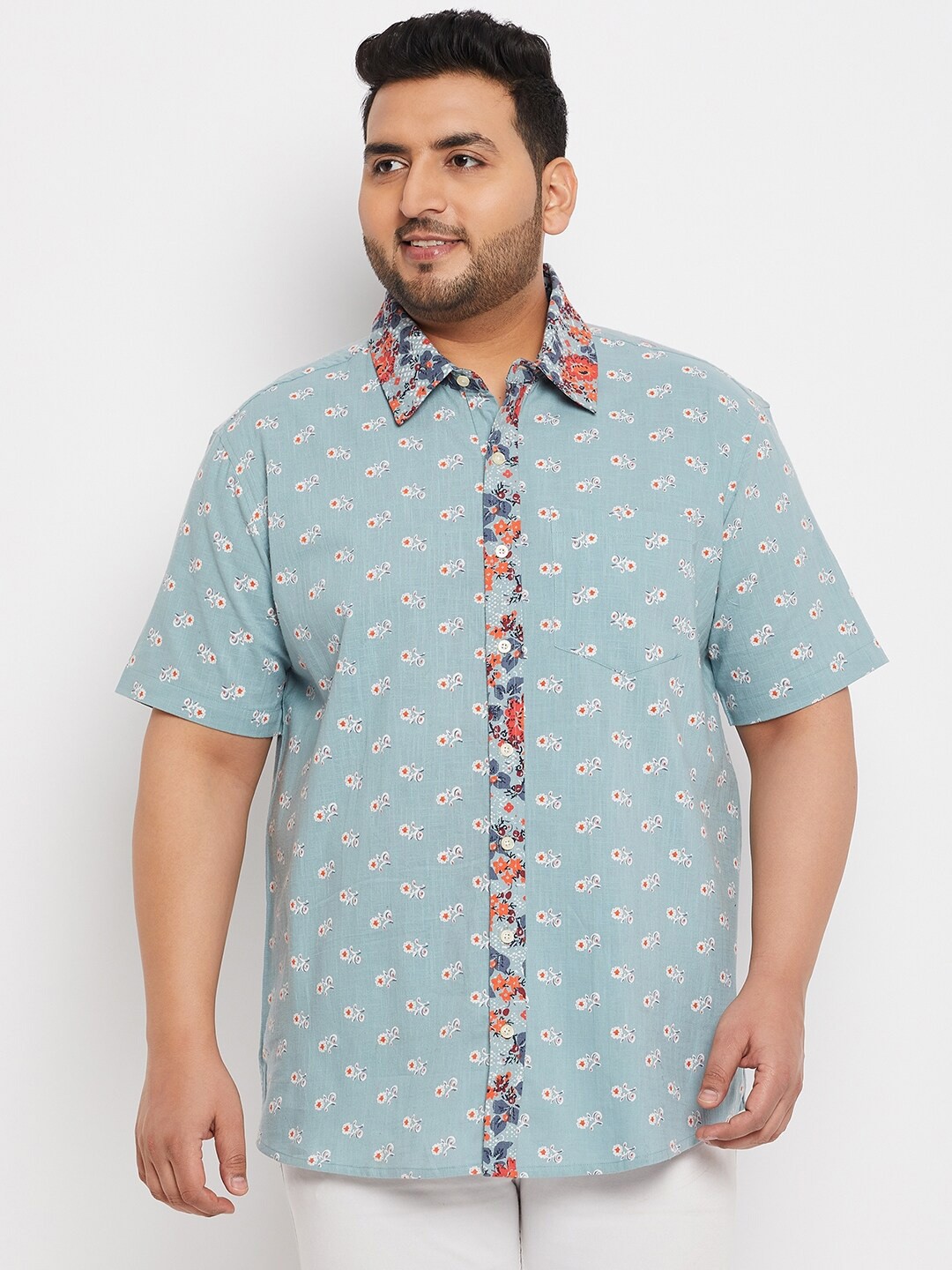 

bigbanana Plus Size Floral Printed Pure Cotton Casual Shirt, Blue
