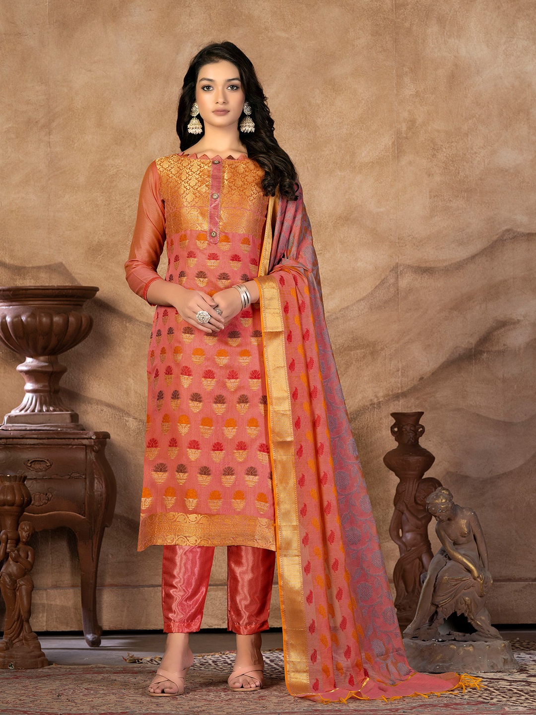 

SHADOW & SAINING Ethnic Motifs Woven Design Unstitched Dress Material, Peach