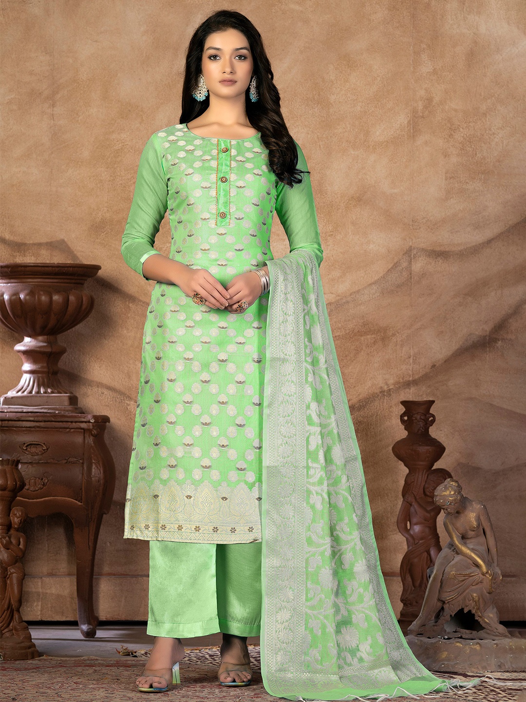 

SHADOW & SAINING Ethnic Motifs Woven Design Zari Unstitched Dress Material, Green