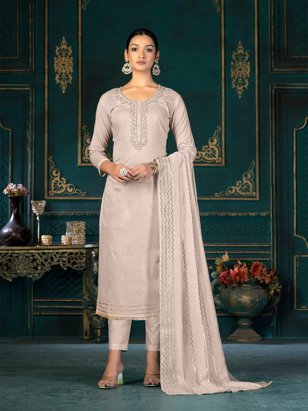 

SHADOW & SAINING Beaded Unstitched Dress Material, Beige