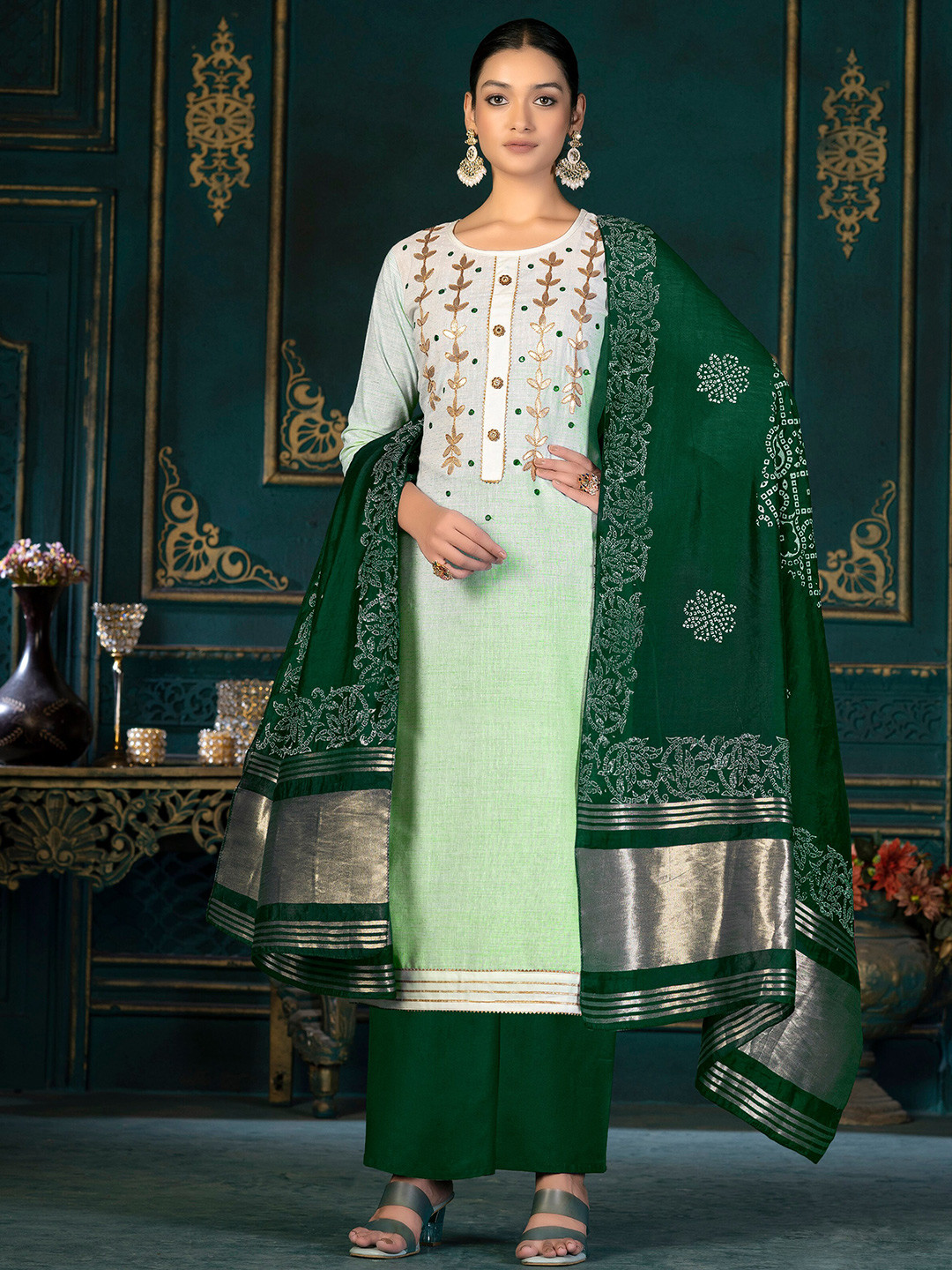 

SHADOW & SAINING Floral Printed Zari Unstitched Dress Material, Green