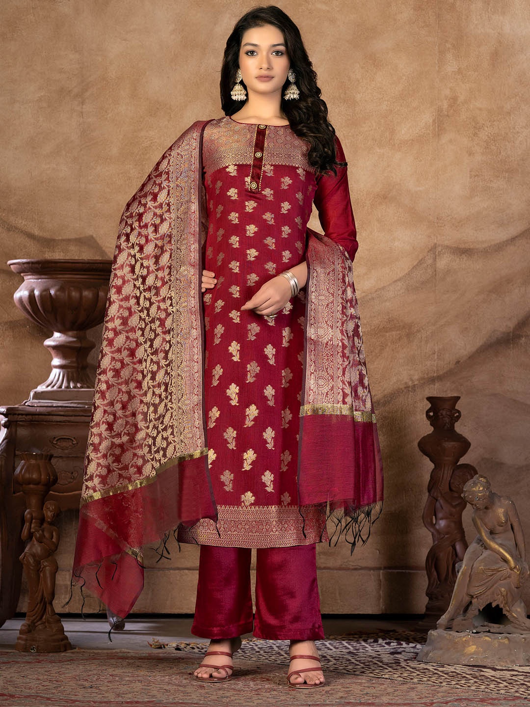 

SHADOW & SAINING Ethnic Motifs Woven Design Zari Unstitched Dress Material, Red