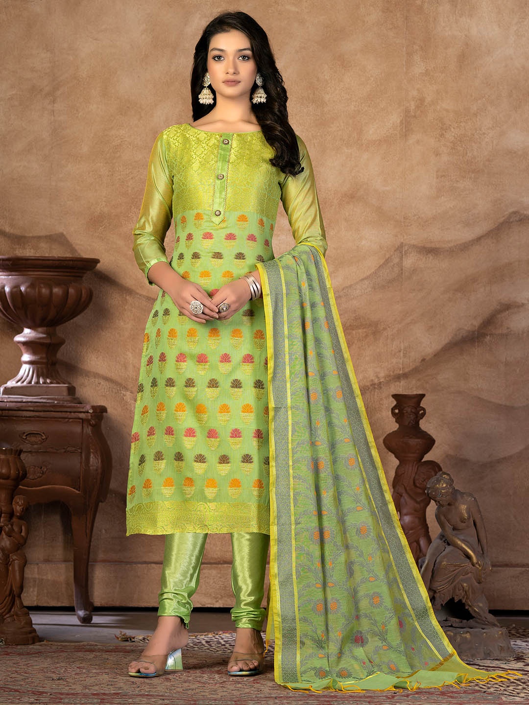 

SHADOW & SAINING Ethnic Motifs Woven Design Unstitched Dress Material, Green