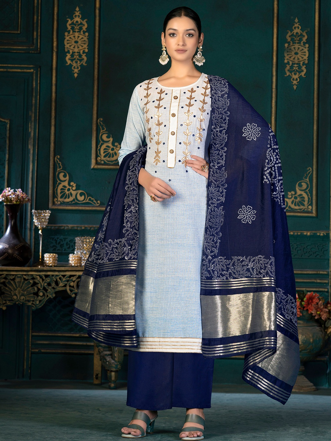 

SHADOW & SAINING Embroidered Unstitched Dress Material, Blue