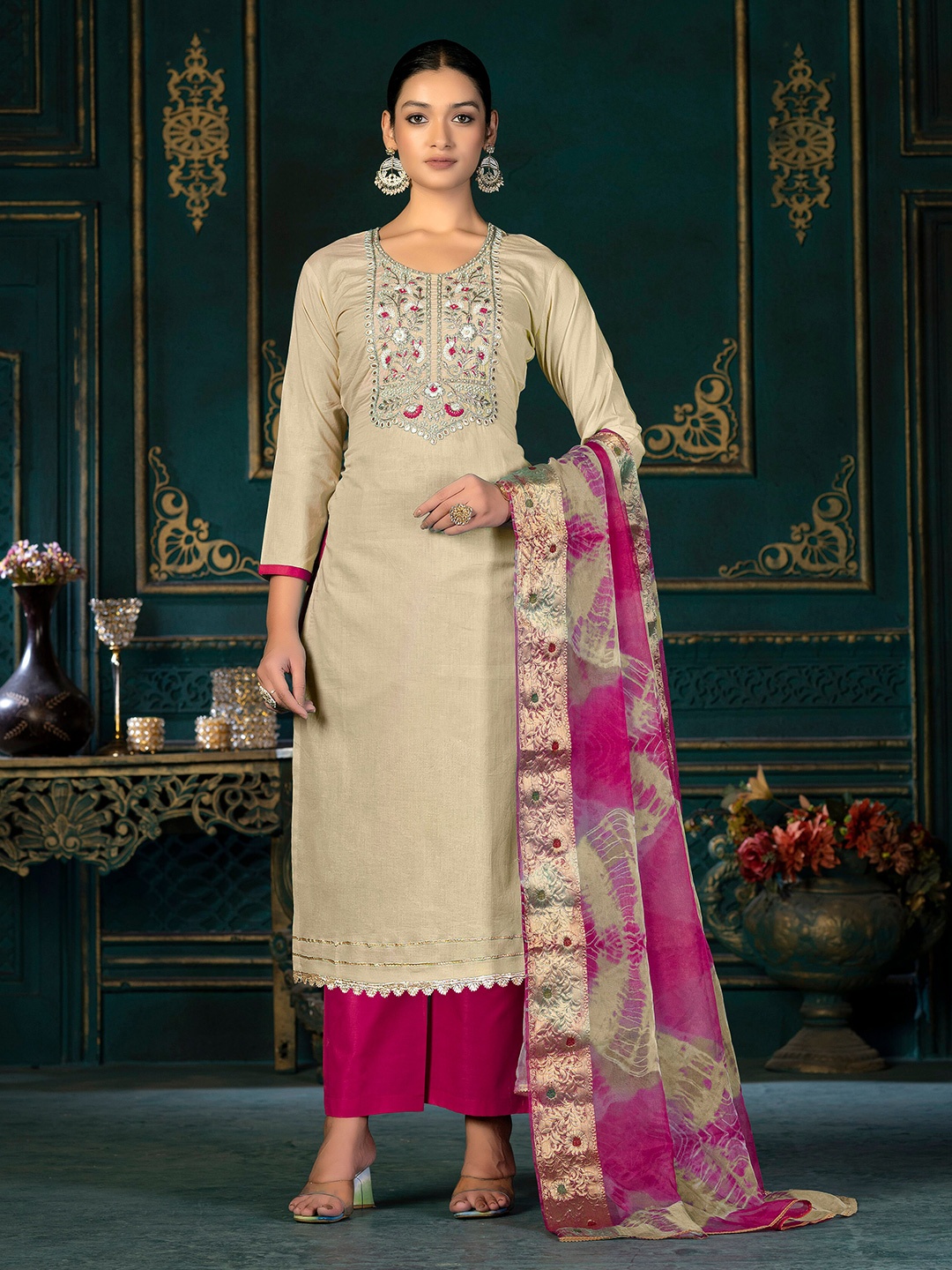 

SHADOW & SAINING Floral Embroidered Unstitched Dress Material, Beige
