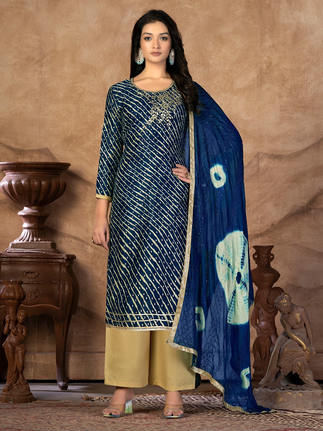 

SHADOW & SAINING Leheriya Printed Beaded Unstitched Dress Material, Navy blue