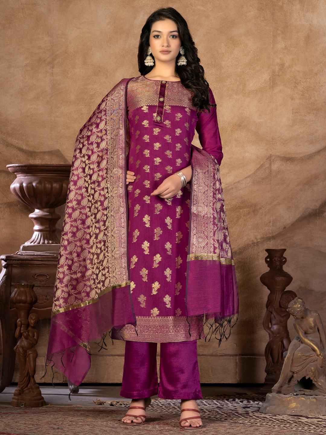 

SHADOW & SAINING Floral Woven Design Unstitched Dress Material, Magenta