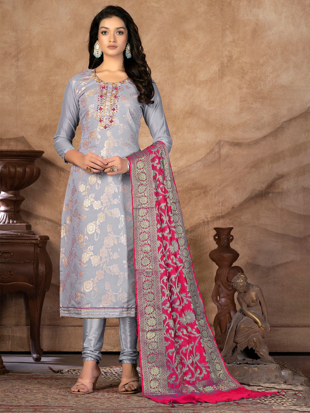 

SHADOW & SAINING Ethnic Motifs Woven Design Zari Unstitched Dress Material, Grey