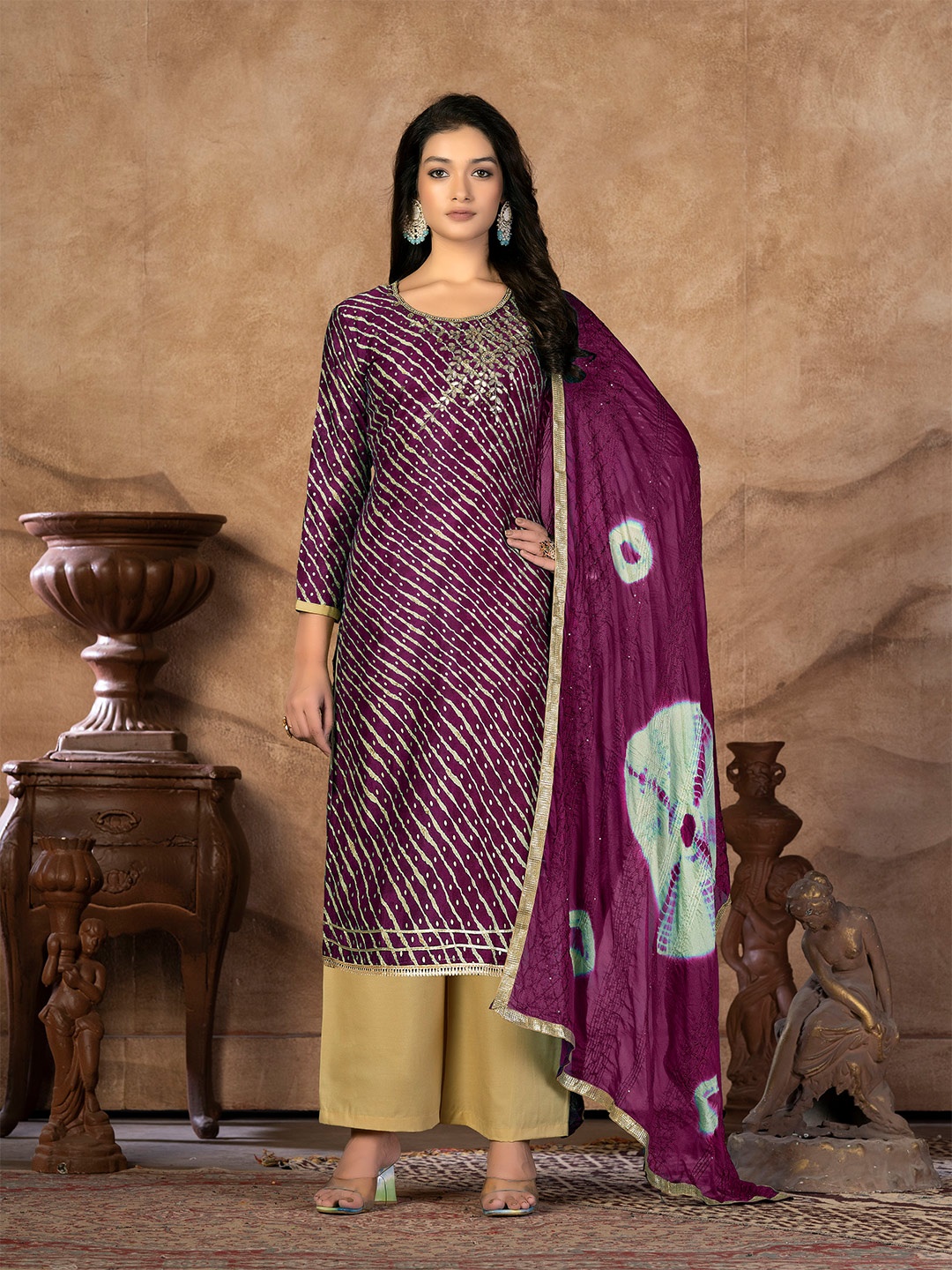 

SHADOW & SAINING Striped Pure Cotton Unstitched Dress Material, Purple