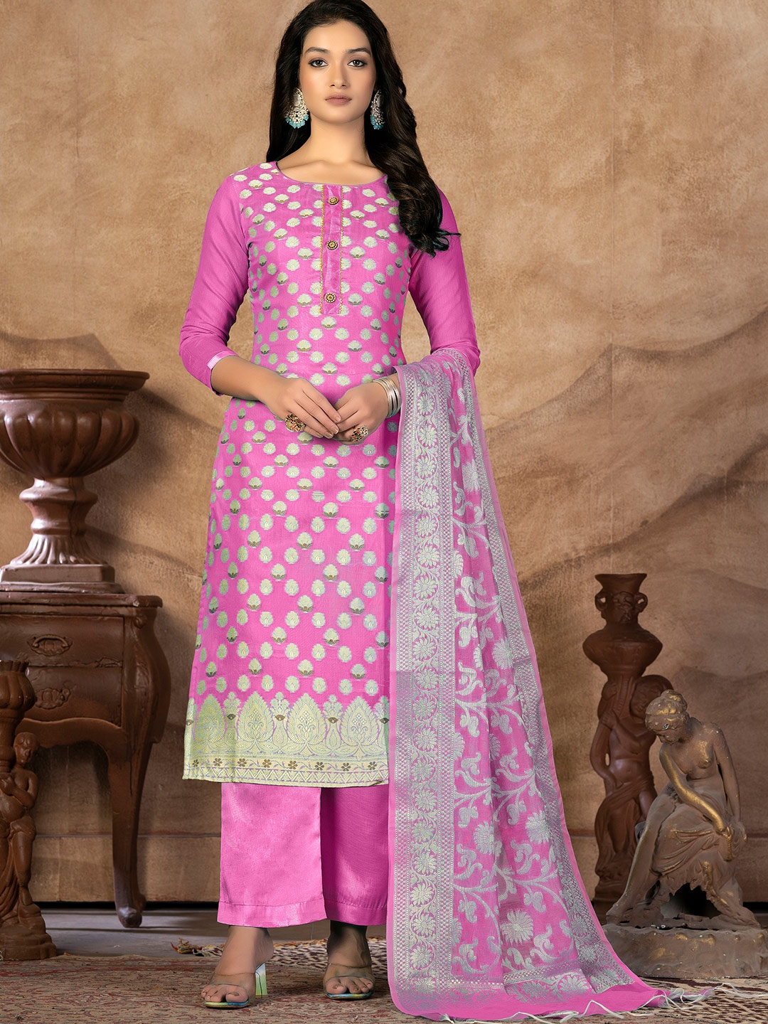 

SHADOW & SAINING Ethnic Motifs Woven Design Unstitched Dress Material, Pink