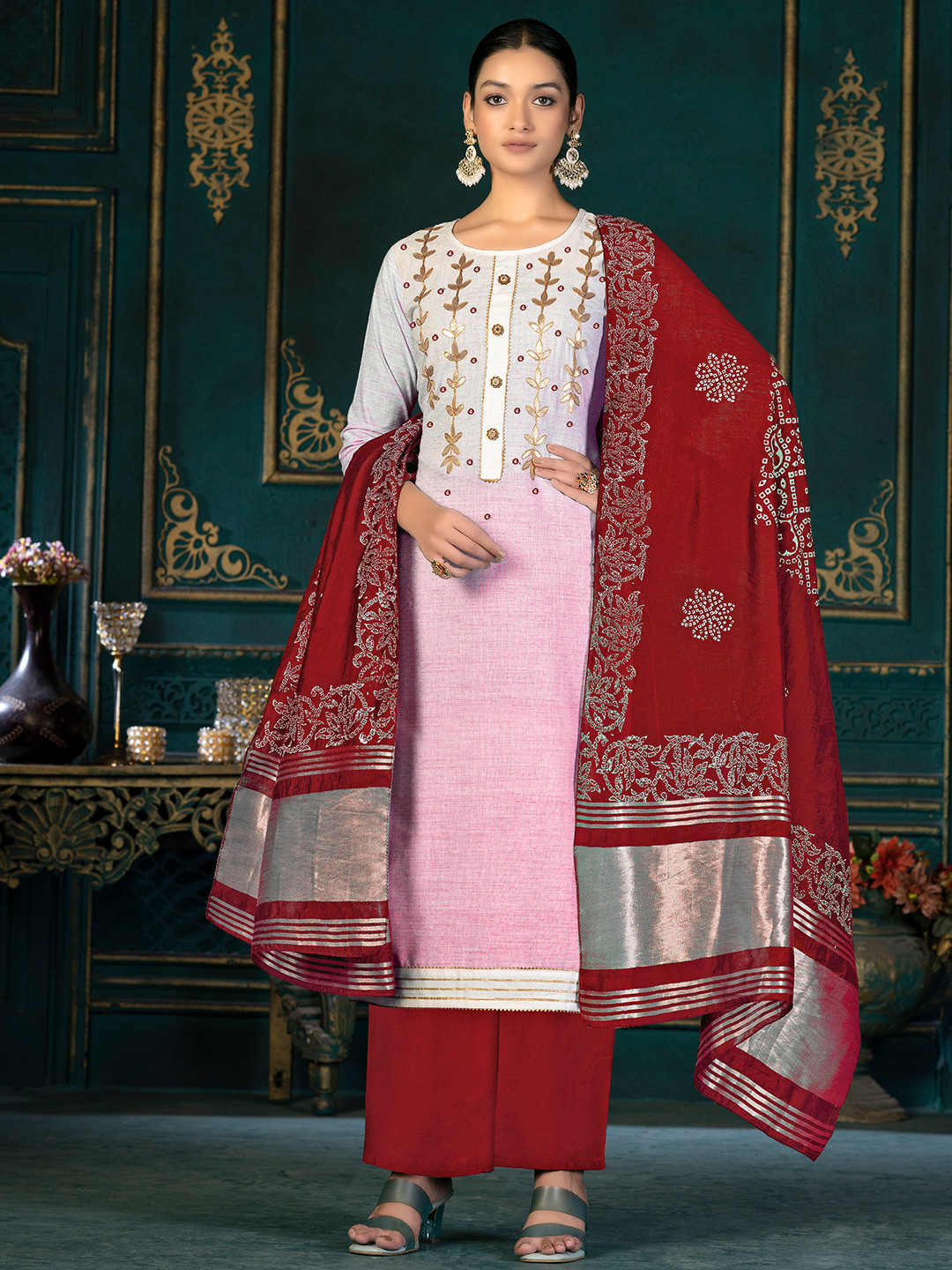 

SHADOW & SAINING Floral Embroidered Unstitched Dress Material, White