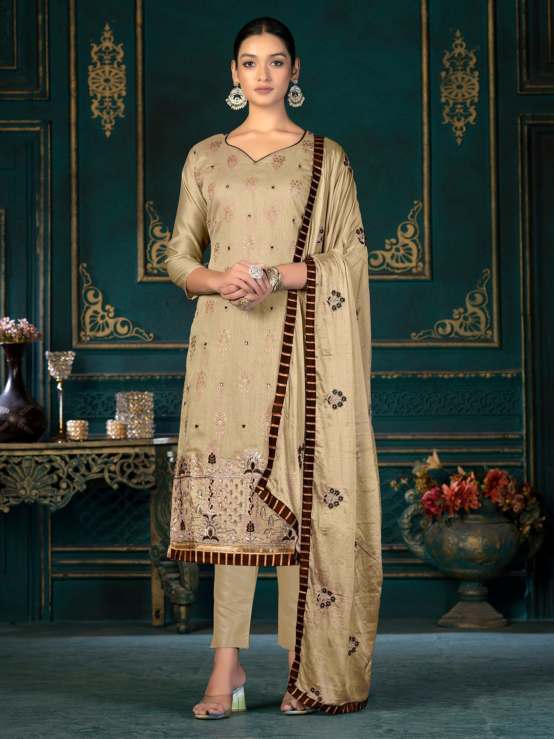 

SHADOW & SAINING Floral Embroidered Unstitched Dress Material, Mustard