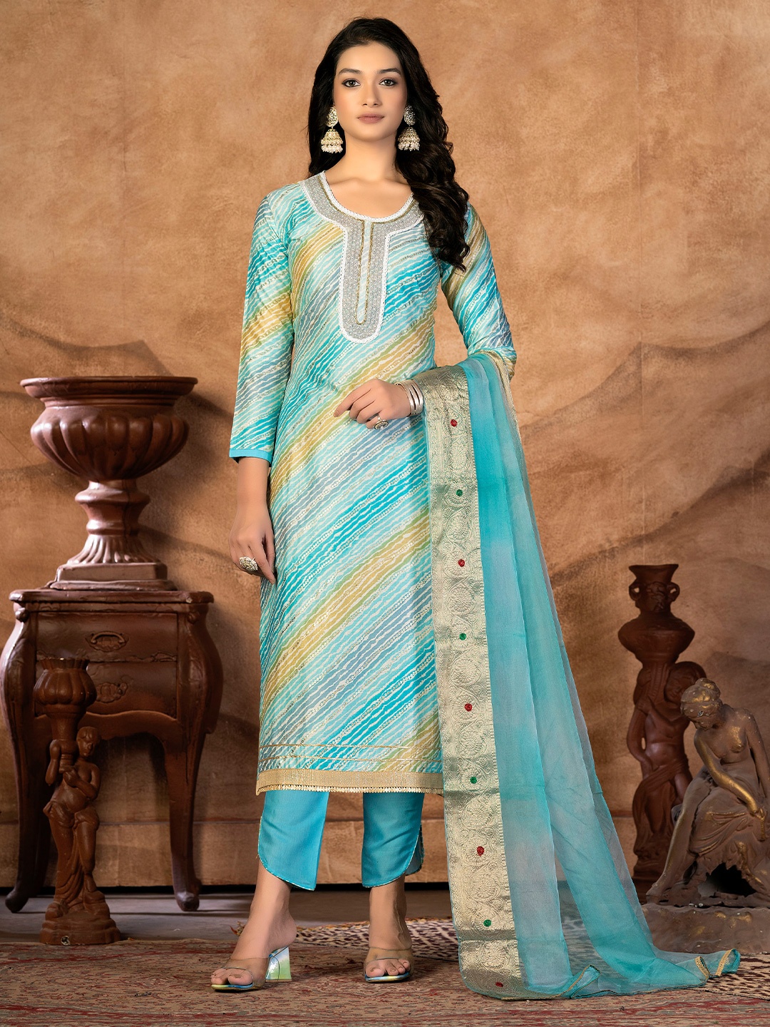 

SHADOW & SAINING Striped Unstitched Dress Material, Blue