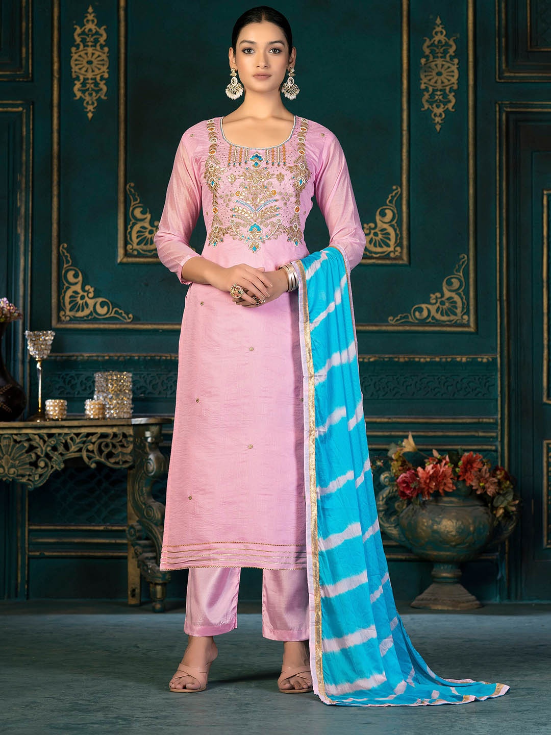 

SHADOW & SAINING Ethnic Motifs Embroidered Beaded Unstitched Dress Material, Pink