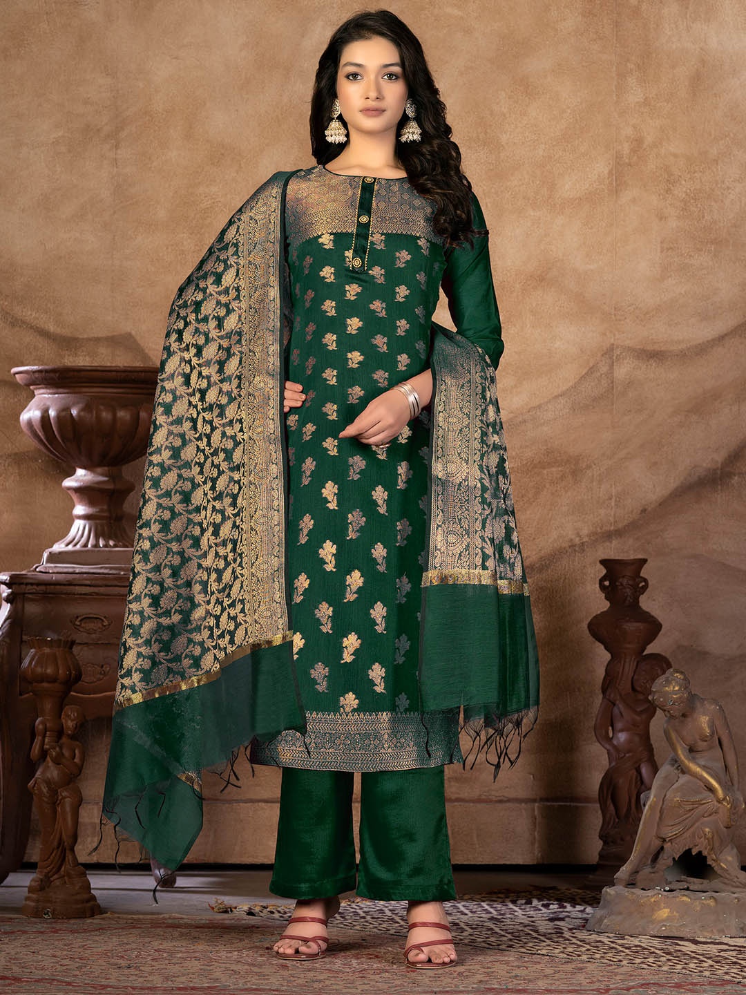 

SHADOW & SAINING Ethnic Motifs Woven Design Zari Unstitched Dress Material, Green
