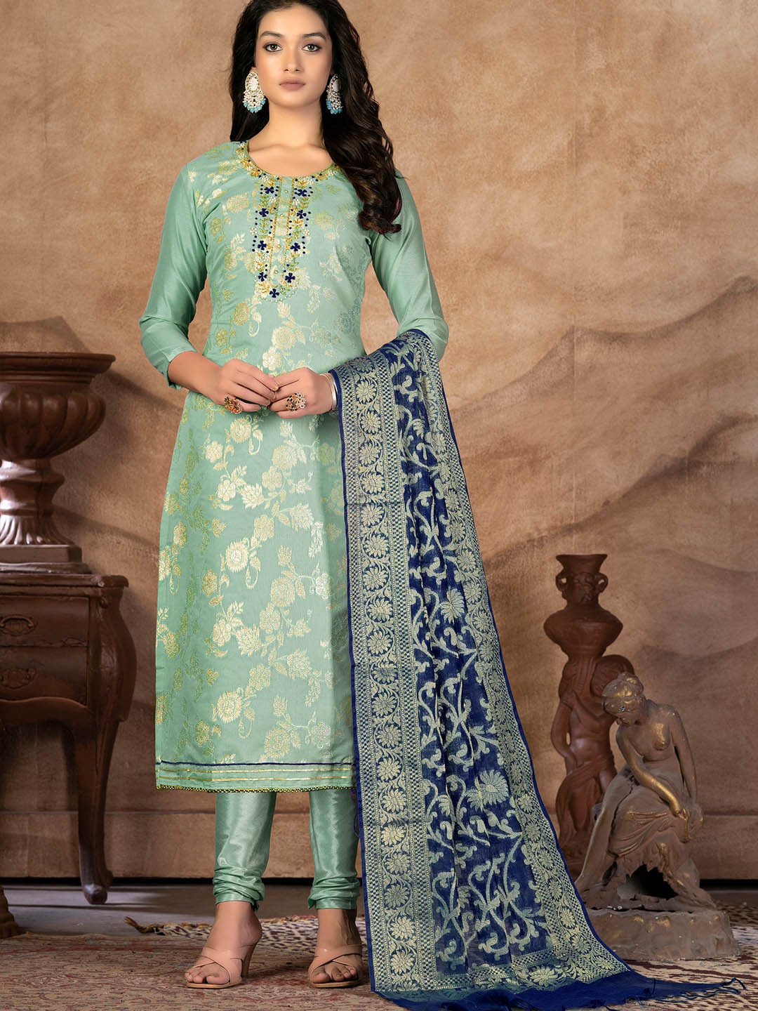

SHADOW & SAINING Ethnic Motifs Woven Design Zari Unstitched Dress Material, Green